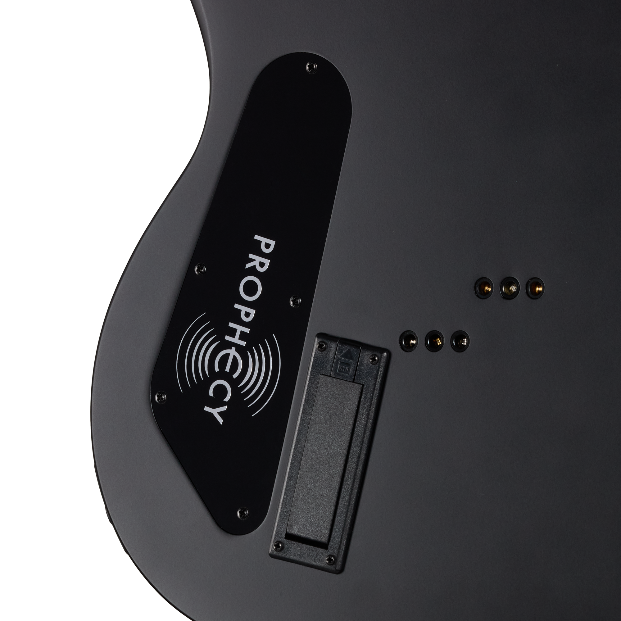E-Gitarre, schwarzer Korpus, matte Oberfläche, Elektronikfach, Rückseitenabdeckung